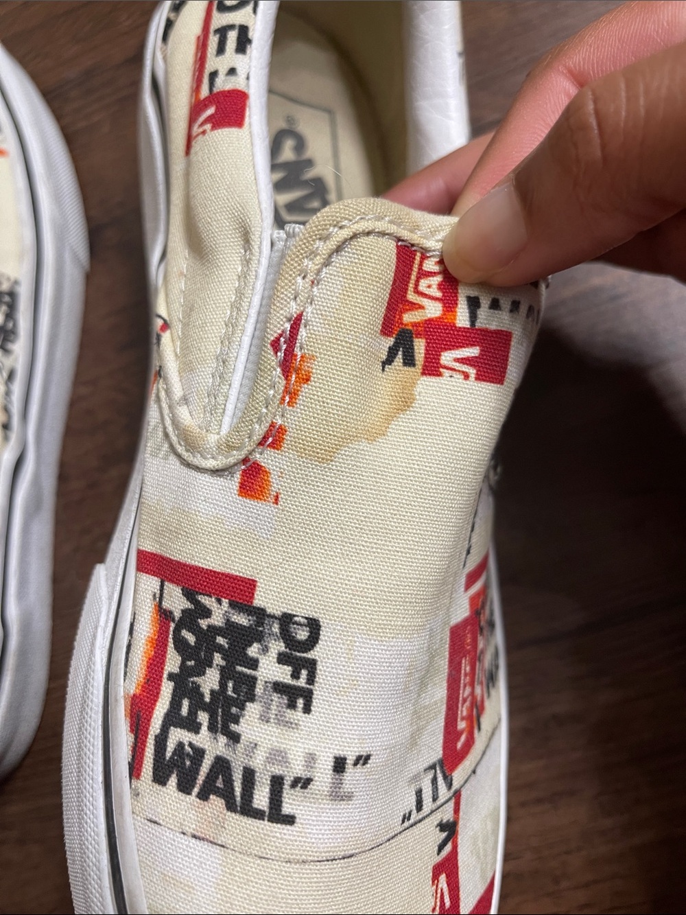 Vans Slip-On Sneakers in Cream with Red & Black Logo Print - Picture 4 of 4
